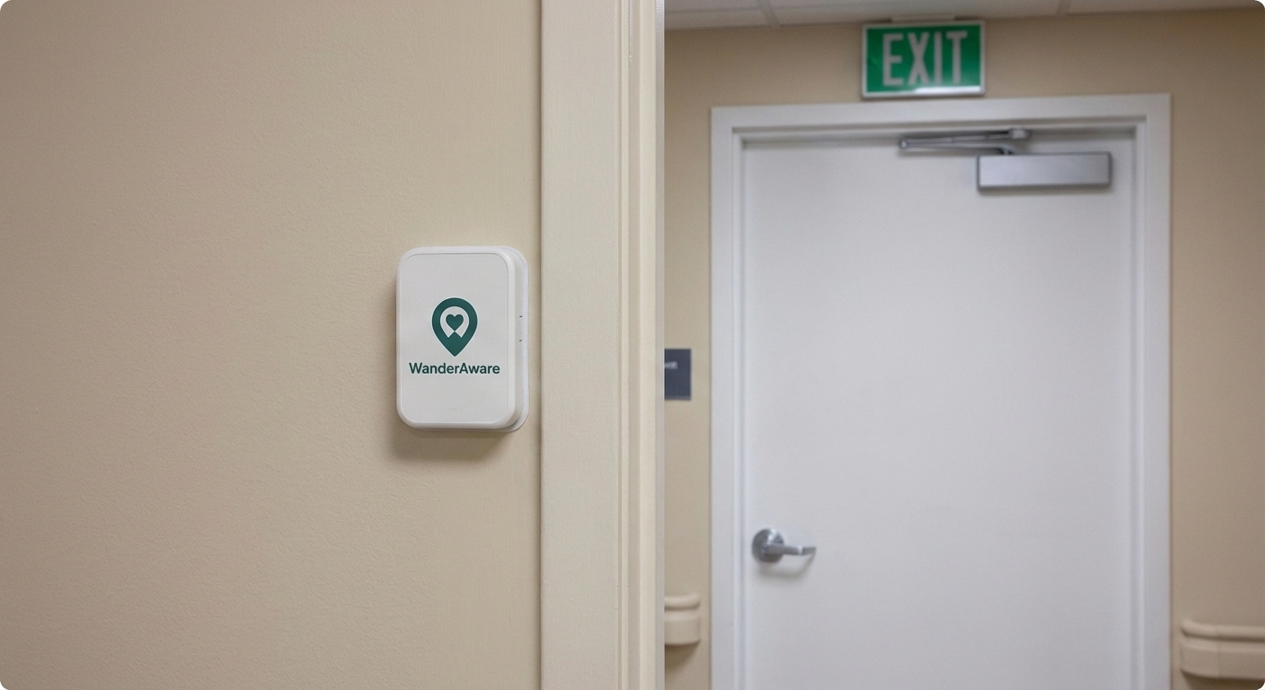 WanderAware door reader unit mounted beside exit door