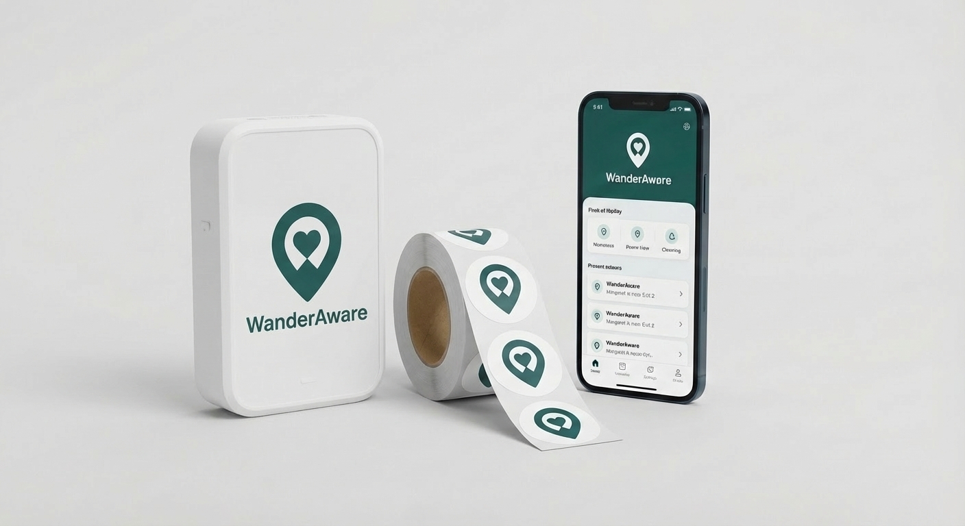 WanderAware door unit, patient stickers, and mobile app
